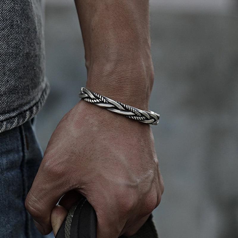 Wholesale Retro Woven Twist Open Cuff Men S Bracelet Geometric Design Silver Tone Jewelry Accessory Trendy Boutique Resale Gift