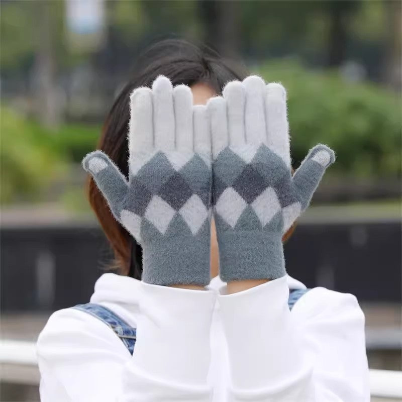 Wholesale Warm Touch Screen Rhombus Thickened Finger Gloves