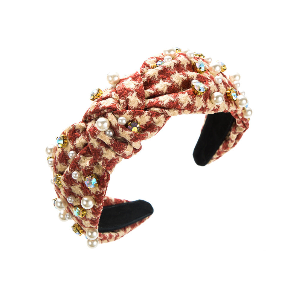 Wholesale Vintage Diamond Pearl Plaid Fabric Headband