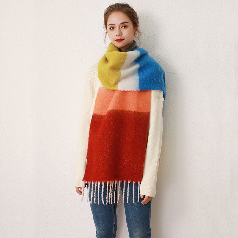 Wholesale New Contrast Striped Mohair Imitation Cashmere Thickened Tassel Scarf