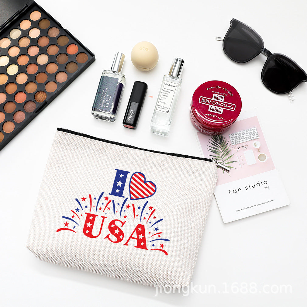 Wholesale Independence Day Waterproof Linen Cosmetic Bag