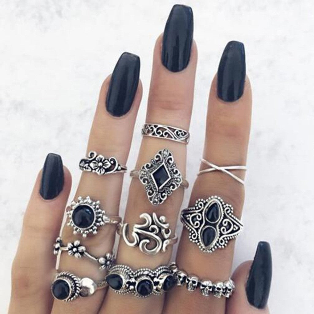 Wholesale Vintage carved sun feather cross black gemstone ring set