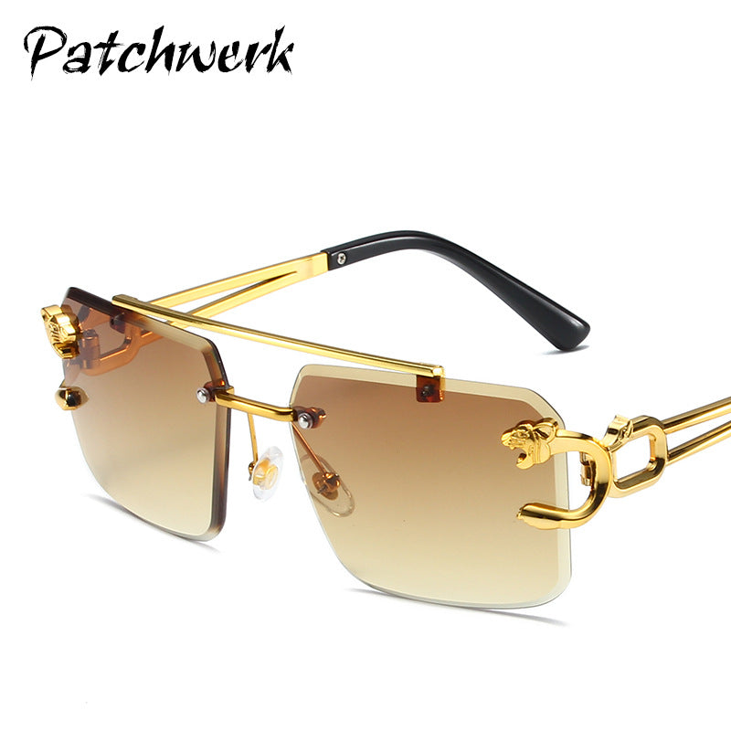Wholesale Trendy frameless trimming sunglasses leopard head women's outdoor travel sunglasses fashionable wear pull-up glasses men