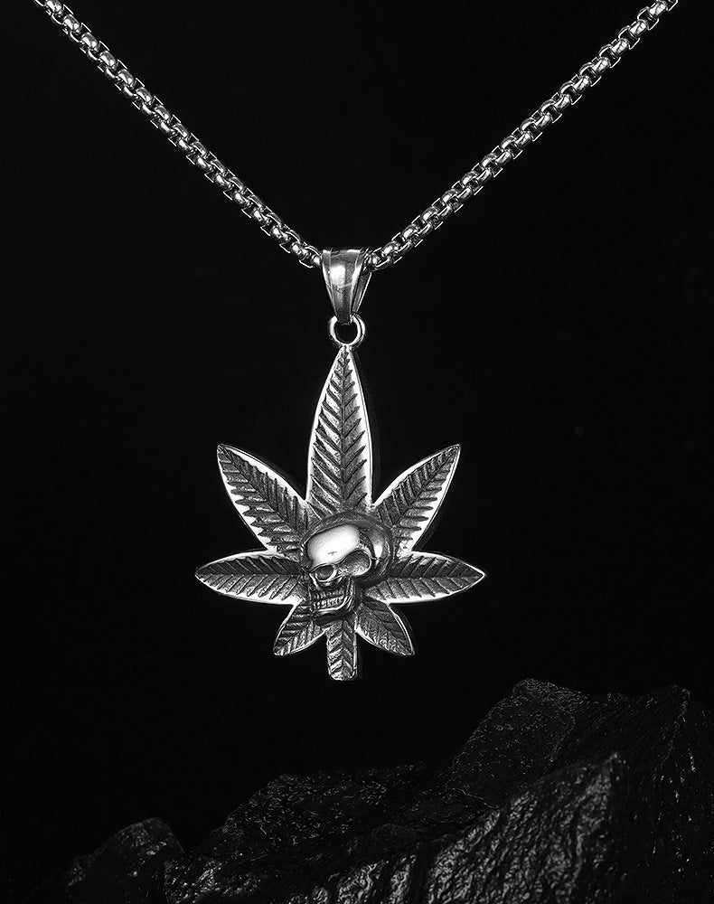 Wholesale Hip Hop Sweater Chain Maple Leaf Stainless Steel Skull Necklace