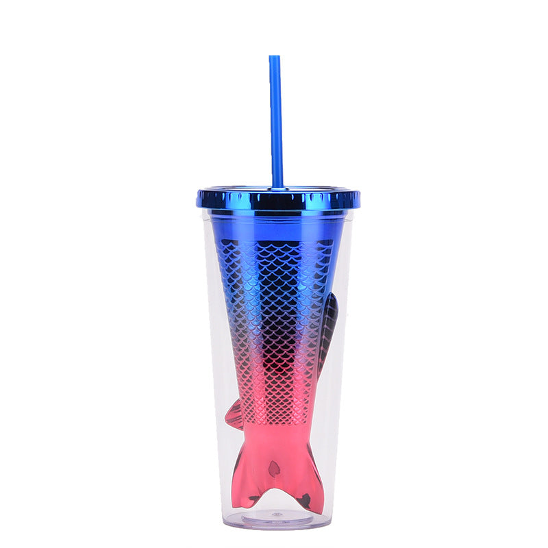 Wholesale Double-layer Plastic Cup Creative Gradient Mermaid Tail Colorful Sequin Straw Water Cup