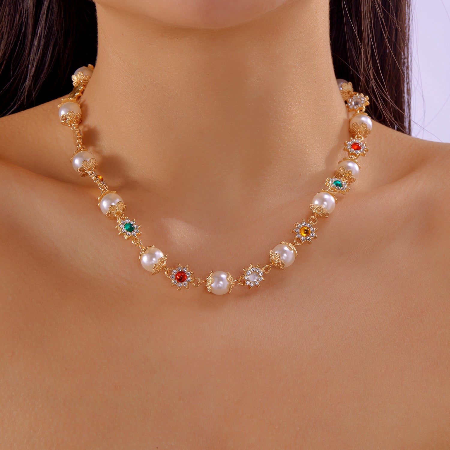 Pearl Diamond Flower Necklace Dopamine Clavicle Chain