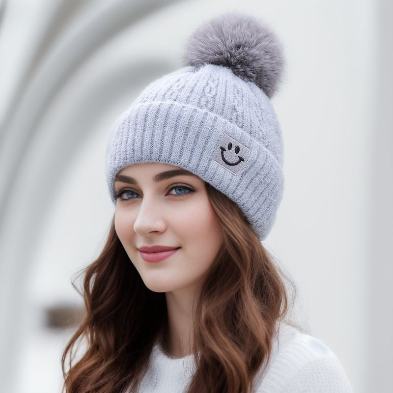 Wholesale Autumn/Winter Cute Versatile Plush Thickened Wool Ball Knitted Warm Ear Protector Hairline Hat