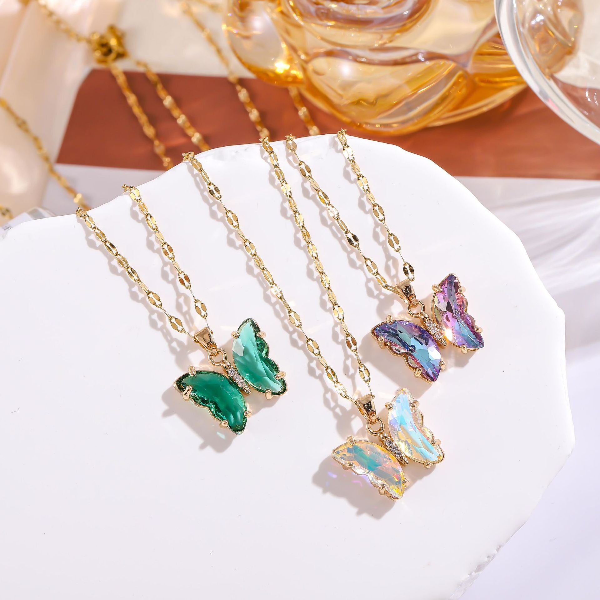 Wholesale Micropaved Zirconia Gradient Colorful Butterfly Necklace