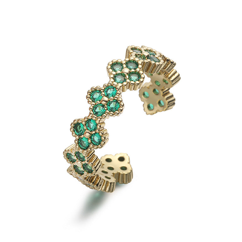 Wholesale Copper Inlaid with Colored Diamonds Four-Leaf Clover Ring