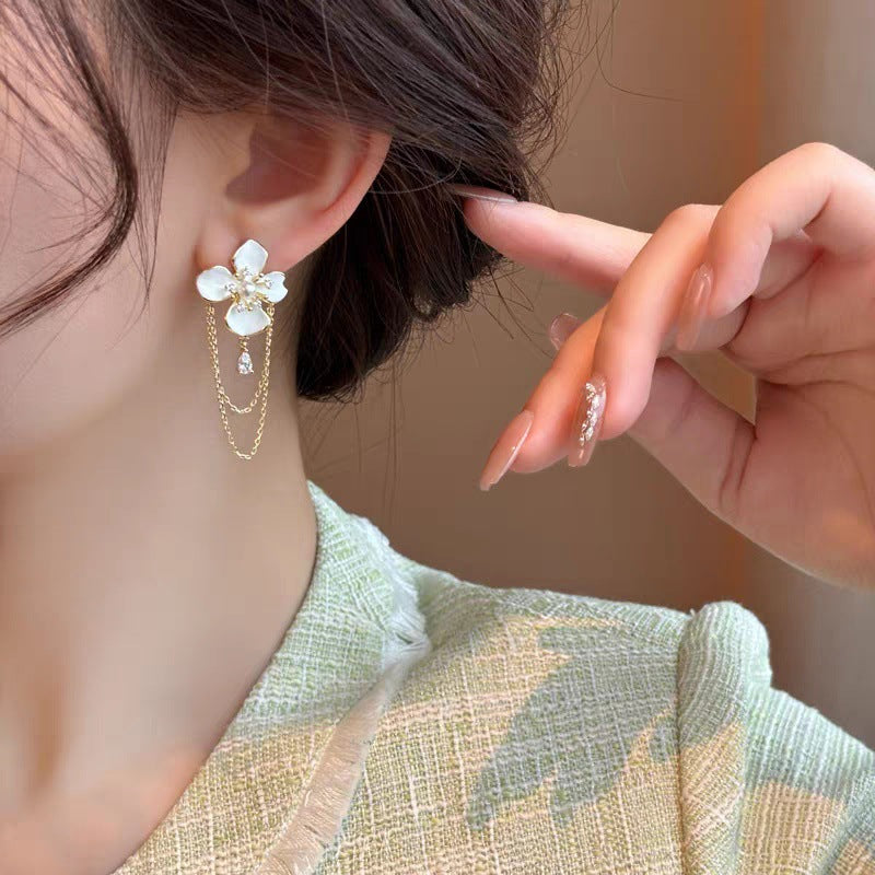 Wholesale Diamond Pearl Flower Tassel Earrings