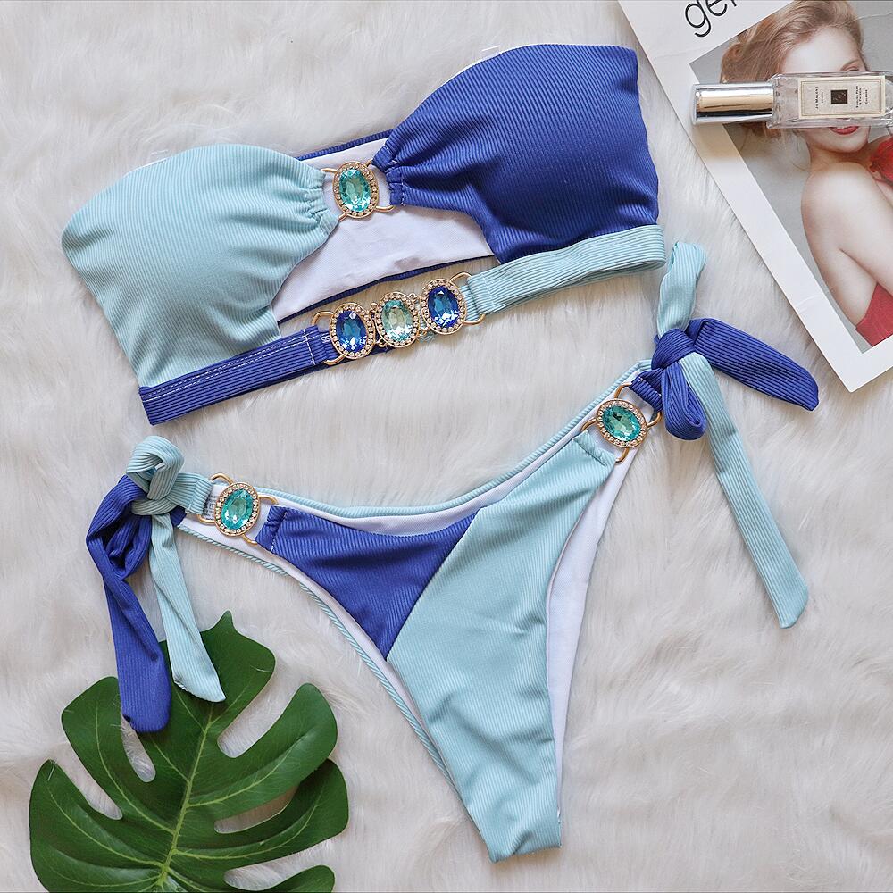 Wholesale Sexy crystal diamond bikini detachable breast pad swimsuit splicing tube top straps two-piece swimsuit