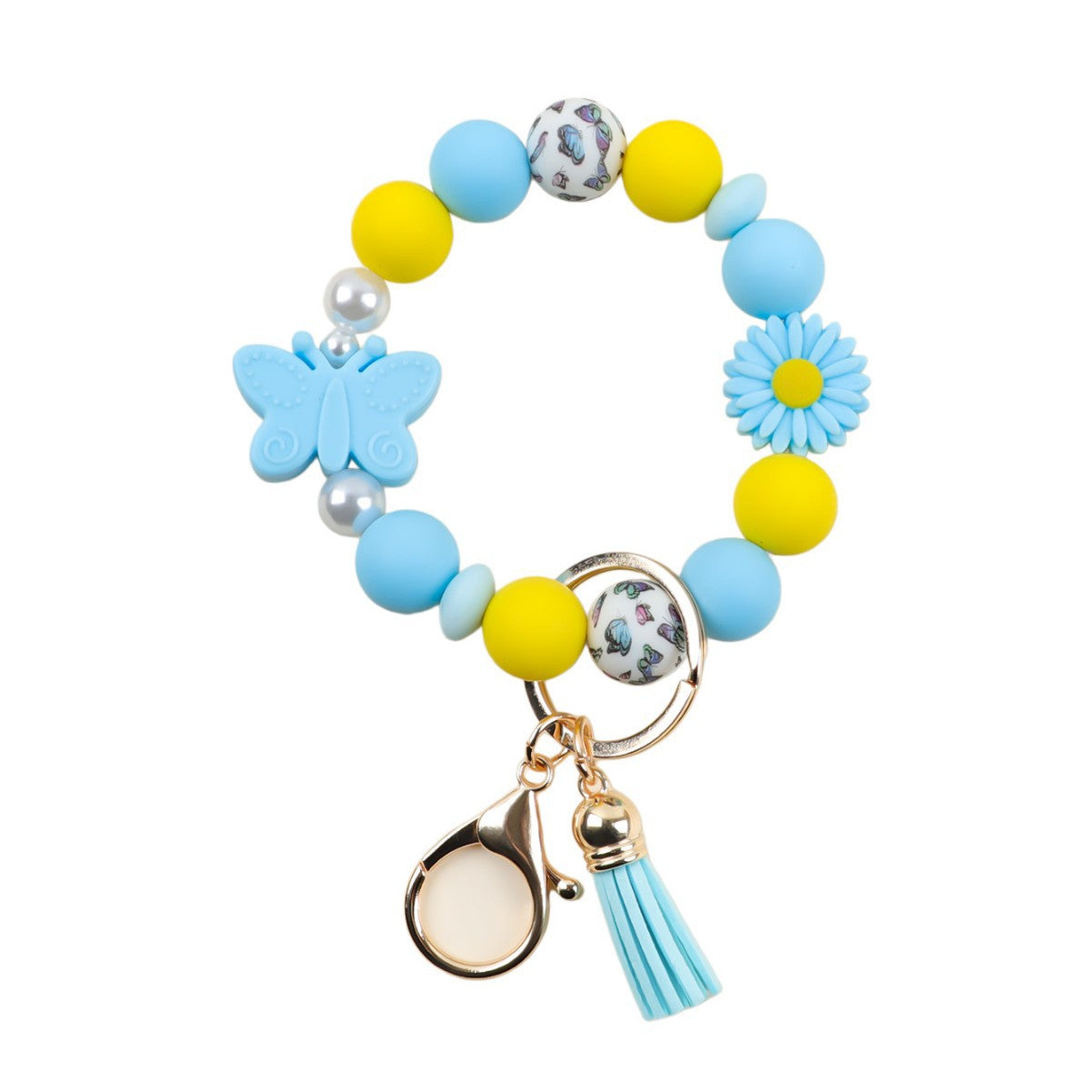 Wholesale  silicone printed wooden bead keychain bracelet key pendant