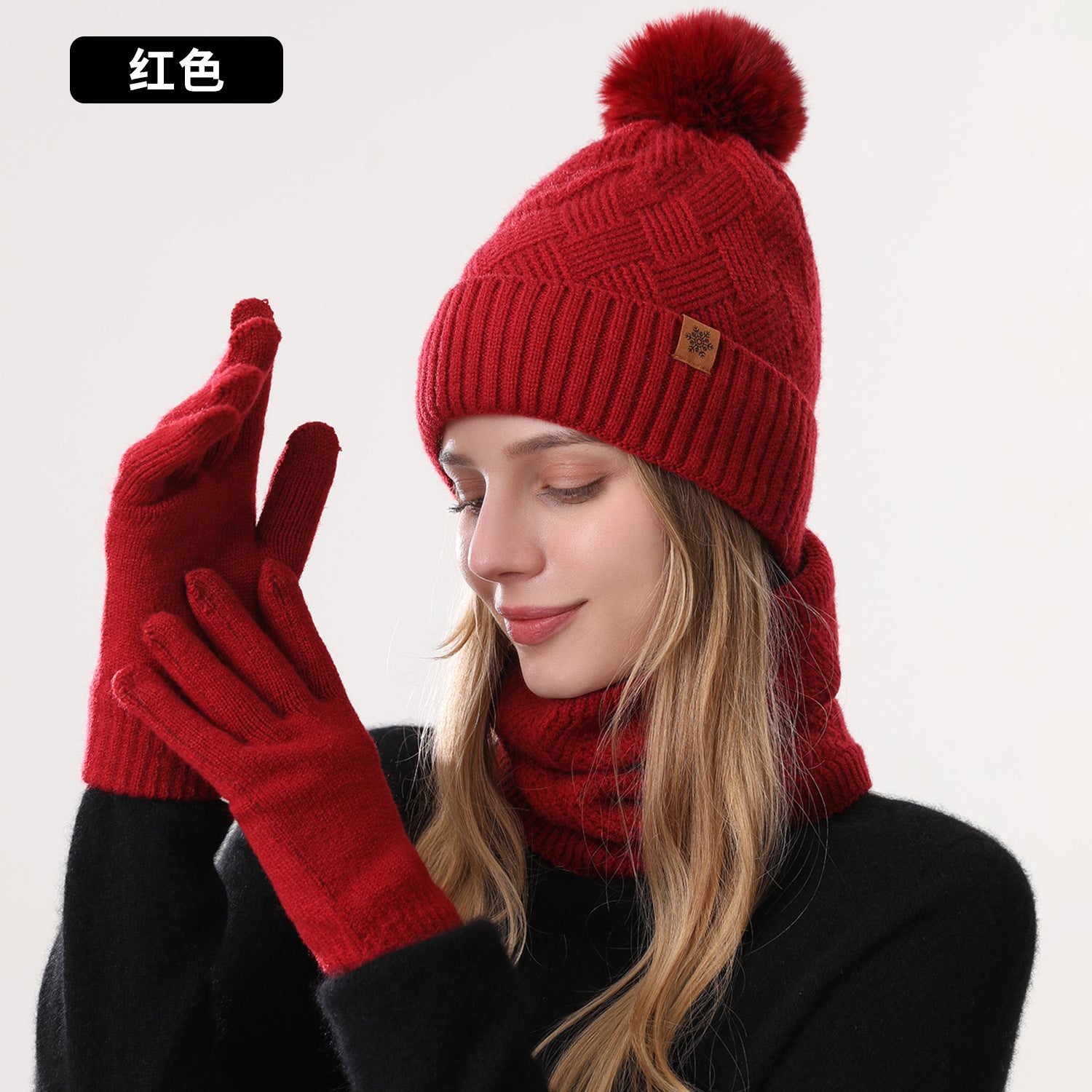 Wholesale Women' s knitted hat winter cold-proof double-layer f outdoor warm knitted hat f gloves three-piece set