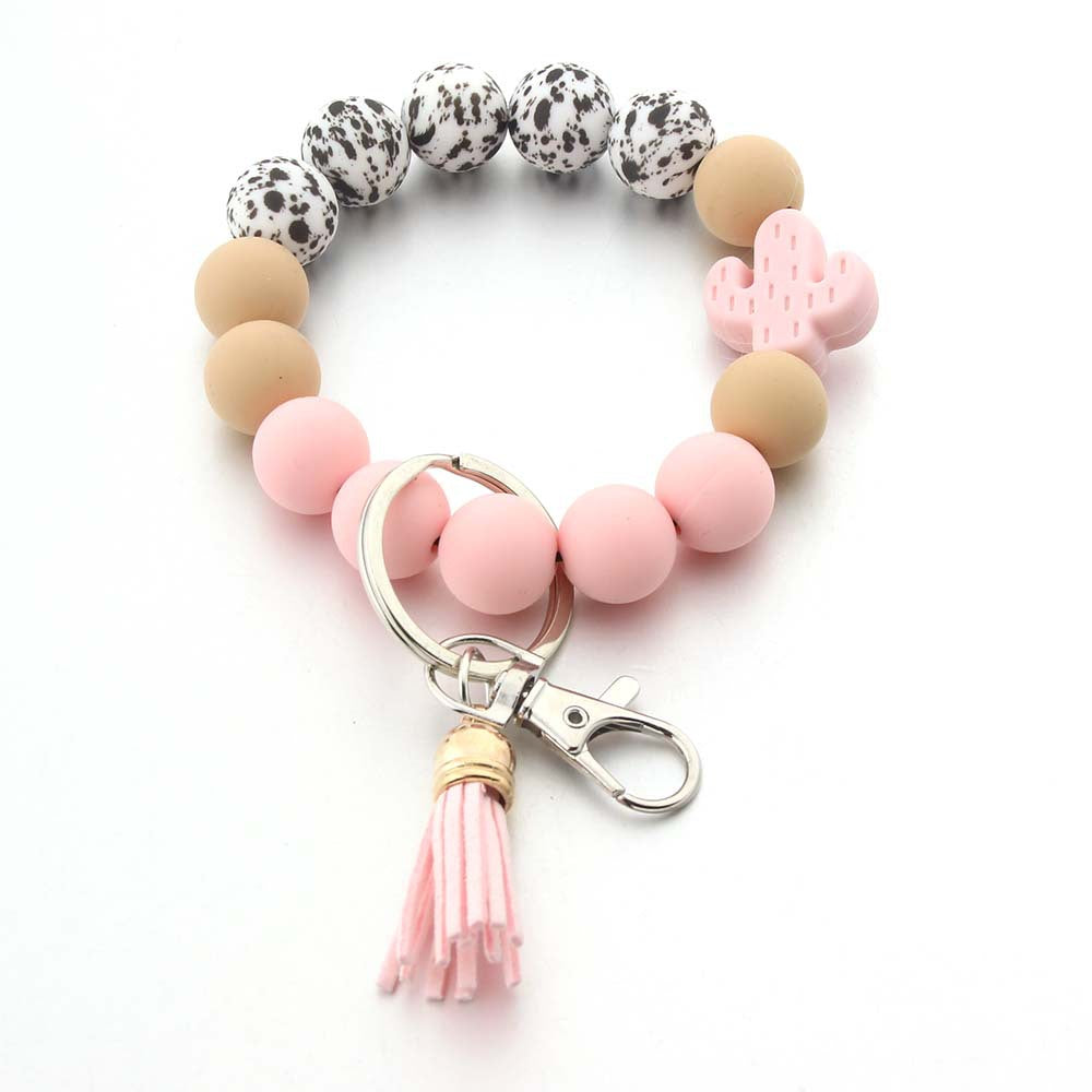 Wholesale Silicone Food Grade Wooden Beads Cartoon Tassel Wrist Keychain