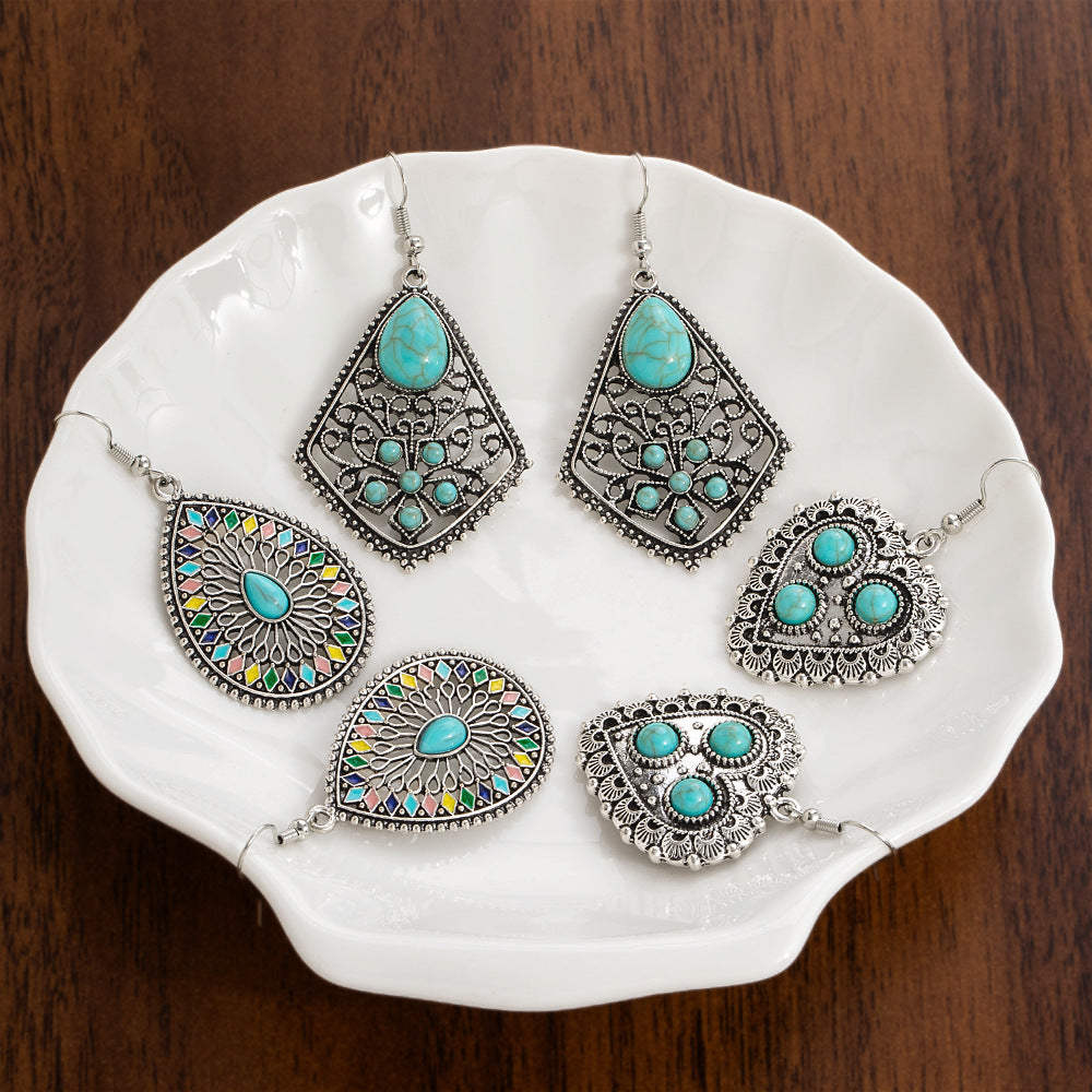 Wholesale 10pcs Vintage turquoise earrings geometric inlay Bohemian alloy personality earrings