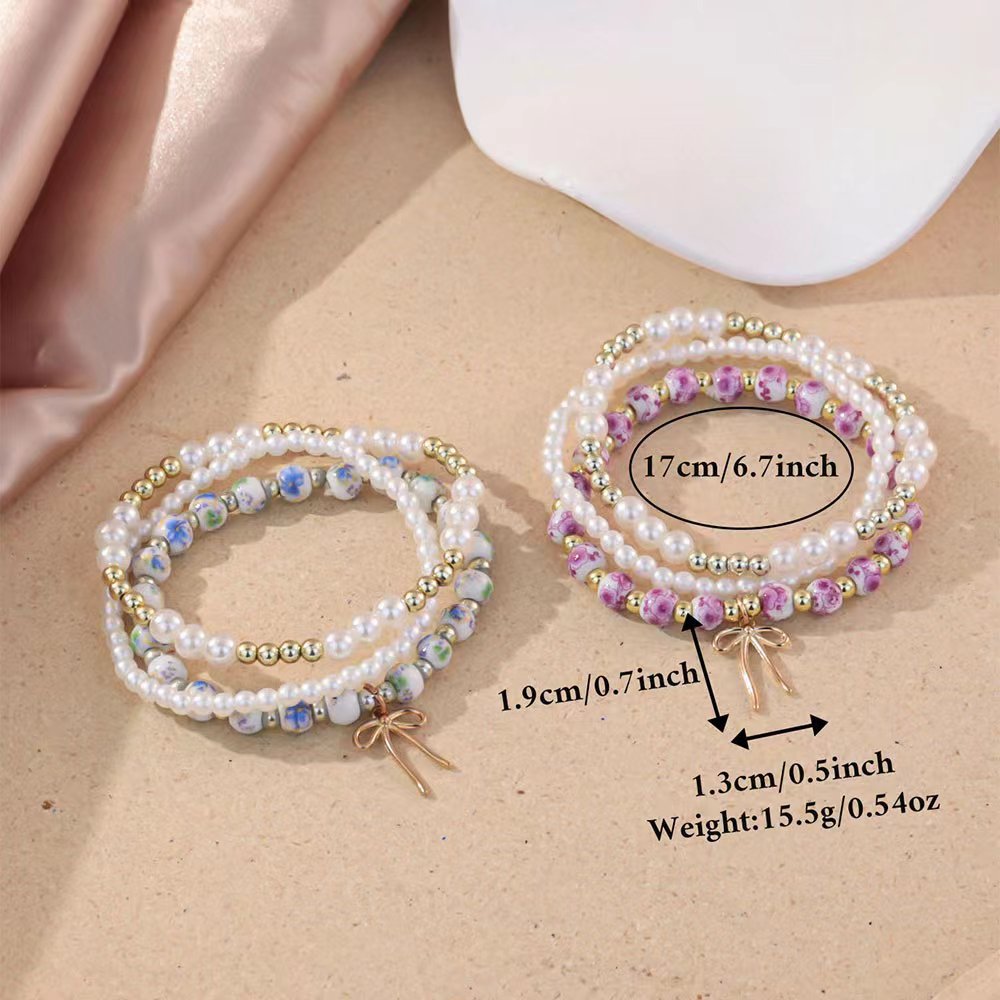 Wholesale Bohemian Blue and White Porcelain Bow Layered Bracelet Set