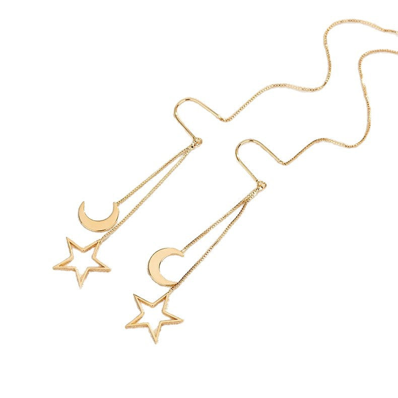 Wholesale Star Moon Hollow Tassel Long Ear Chain Earrings Trendy Jewelry Accessory Gift Boutique Resale