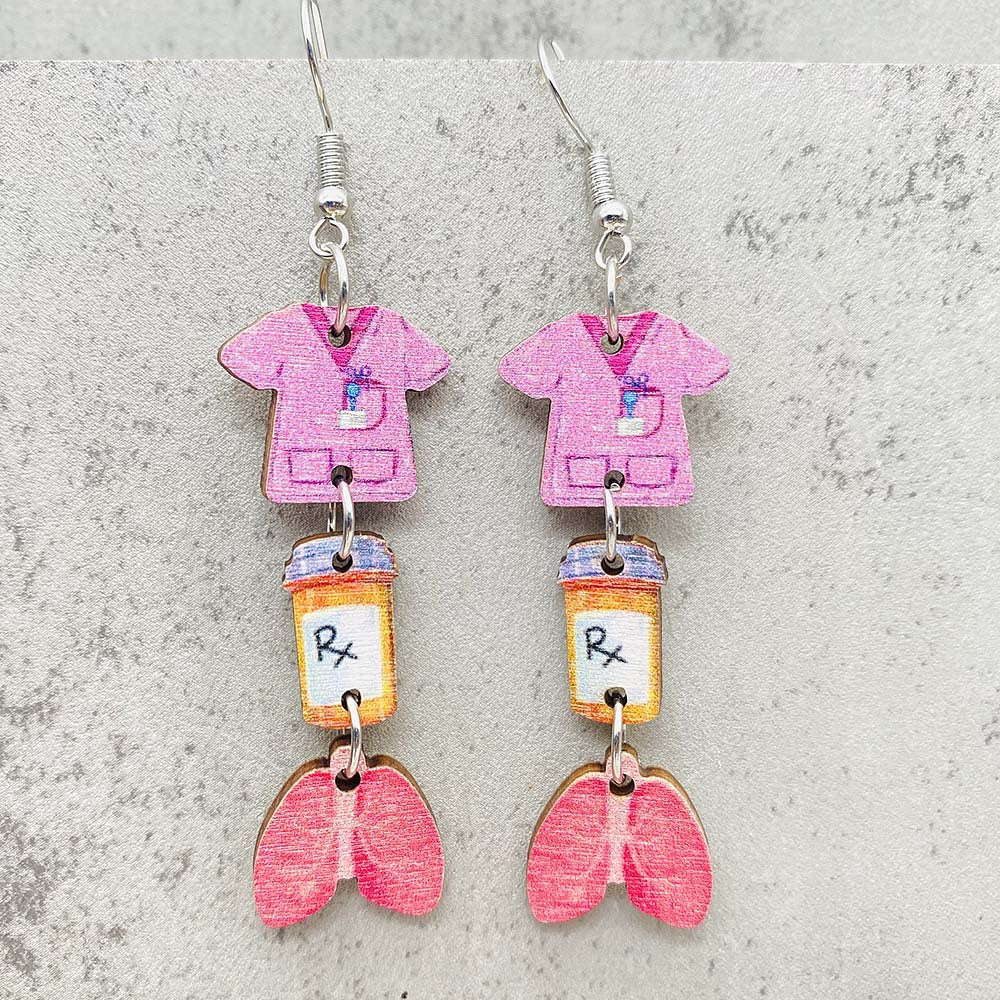 Wholesale Nurse Day Earrings Nurse Uniform Stethoscope Love Pill Wooden Earrings