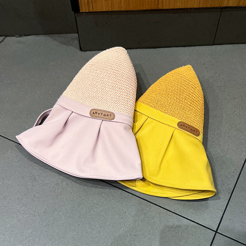 Wholesale Letter Logo Hollow Straw Knitted Large Brim Bucket Hat with Back Slit