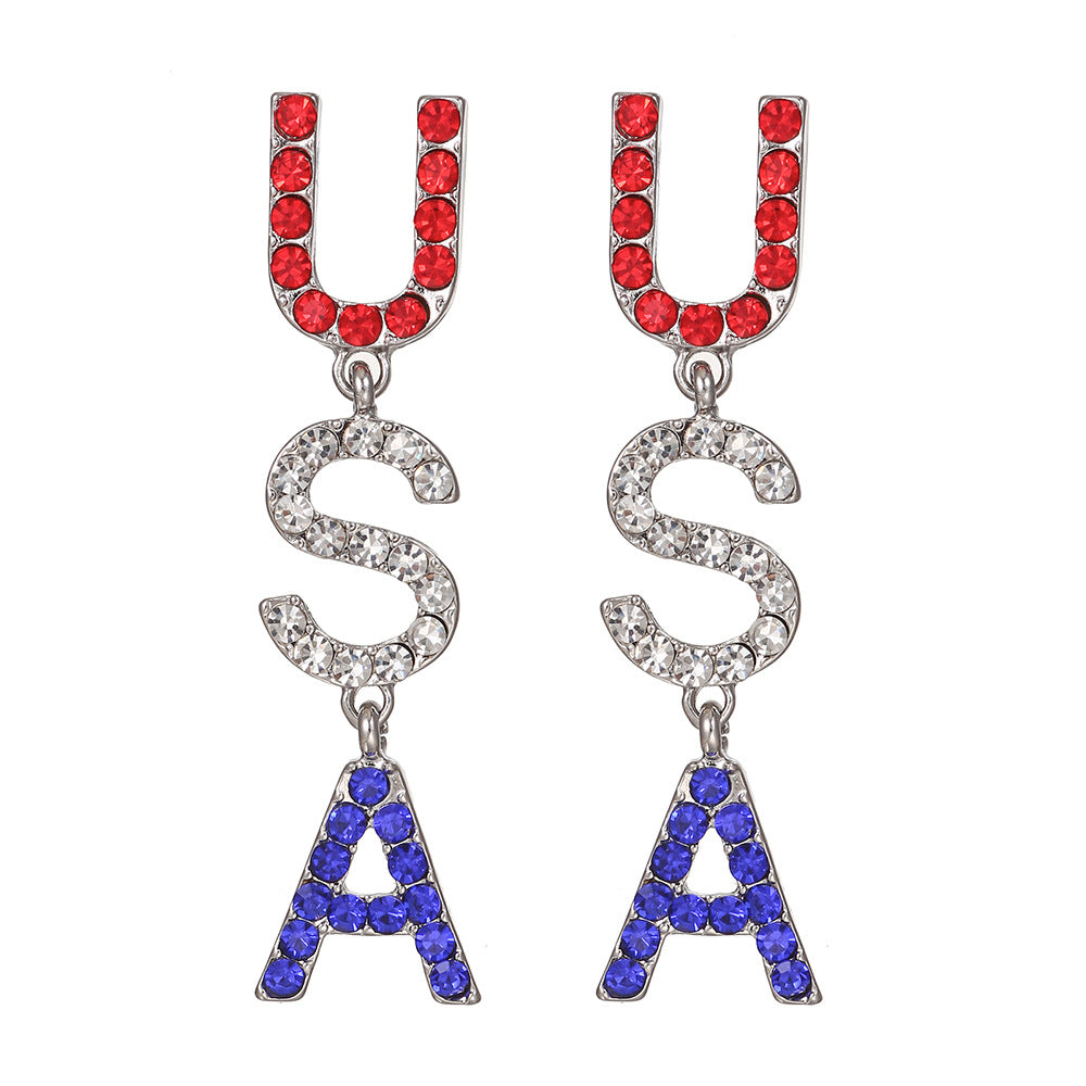 Wholesale Diamond USA Round Peace Flag Hat Color Alloy Earrings