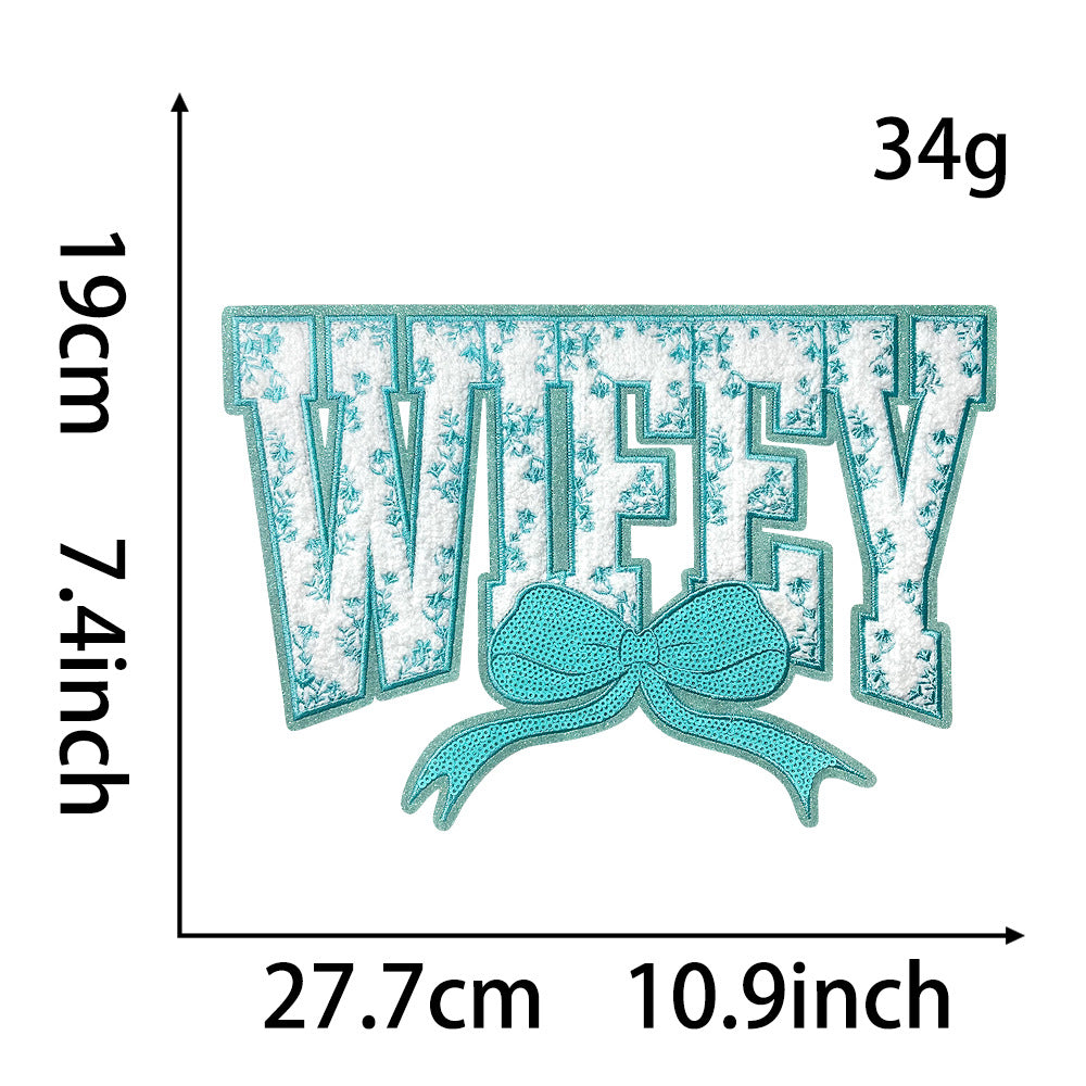 Wholesale Large Sequin Embroidered Patch Blue Wifey Motif DIY Embroidery Accessory For Coat And Bag Decoration