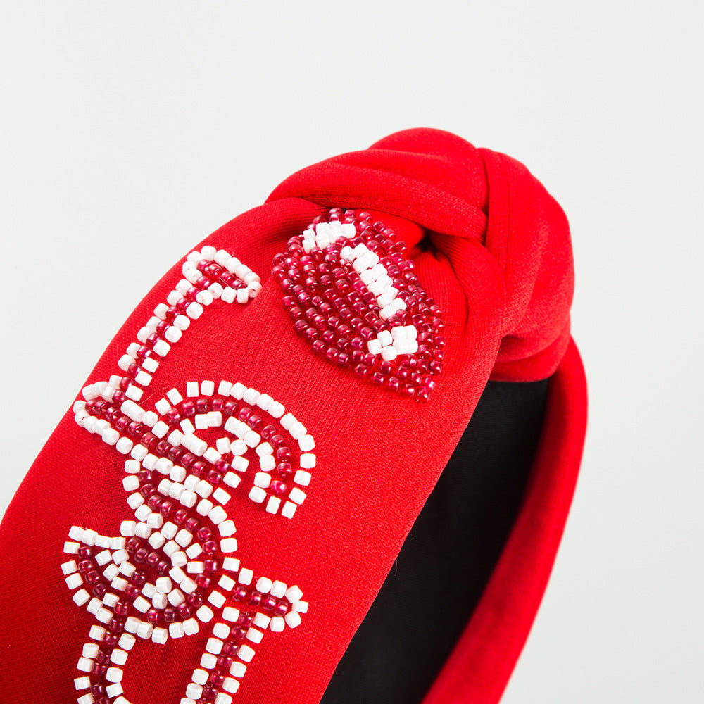 Wholesale Wide Edge Hand-stitched Rice Beads Rugby Letters Headband