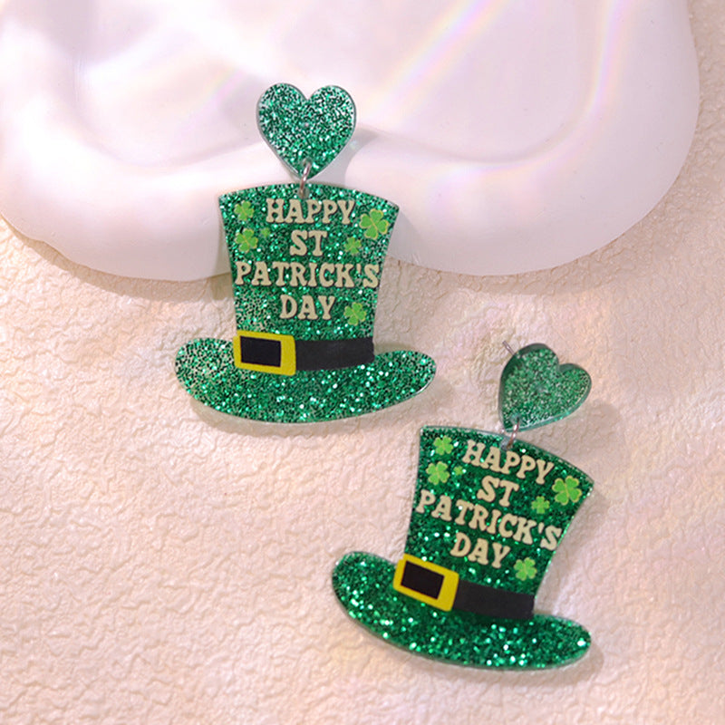Wholesale St.  Patrick' s shamrock hat-shaped letter Acrylic Earrings