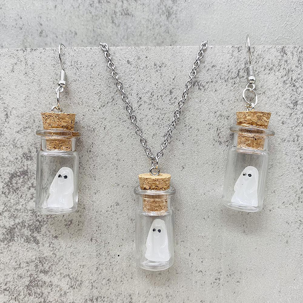 Wholesale Stereo Resin Glow-in-the-dark Ghost Halloween Wishing Bottle Earrings and Necklaces Set