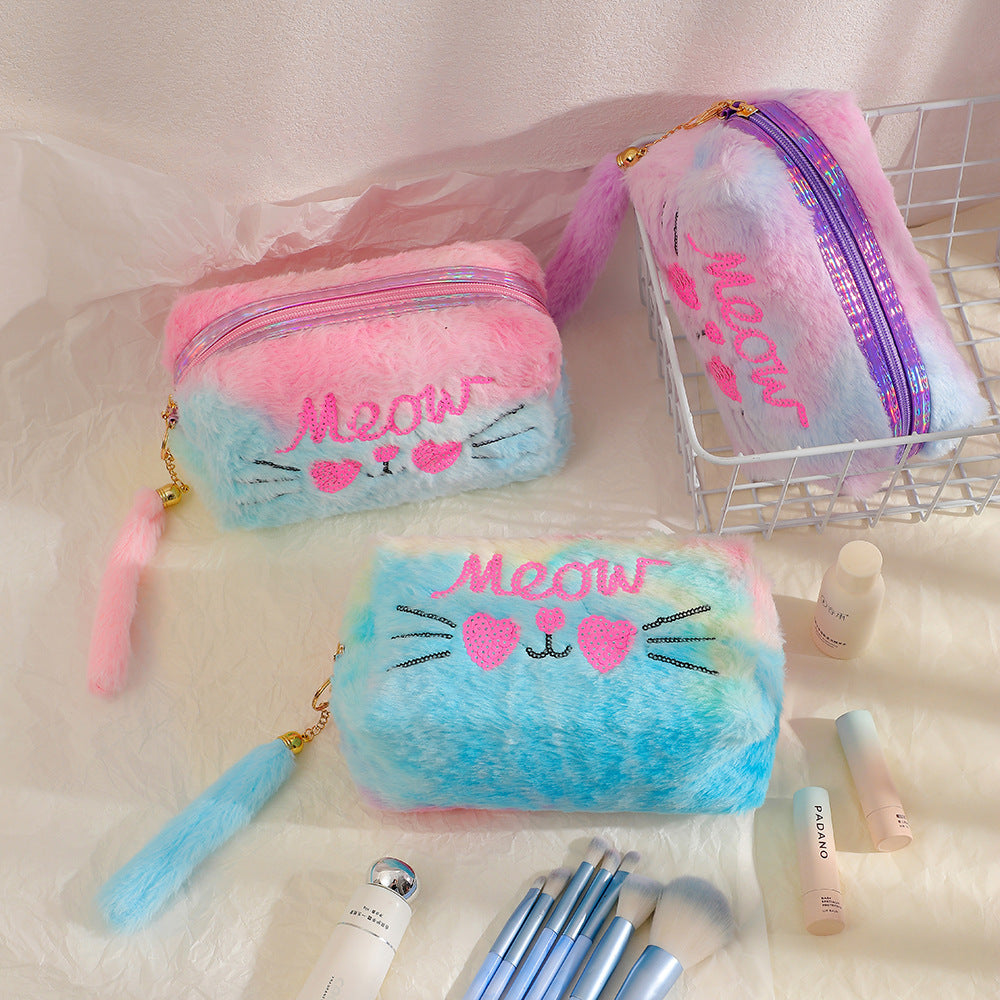 Wholesale Cartoon embroidered plush cosmetic bag autumn and winter