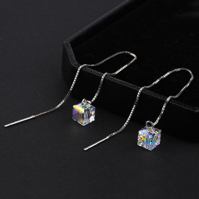 Wholesale S925 Silver Pin Aurora Sugar Cube Crystal Tassel Earrings