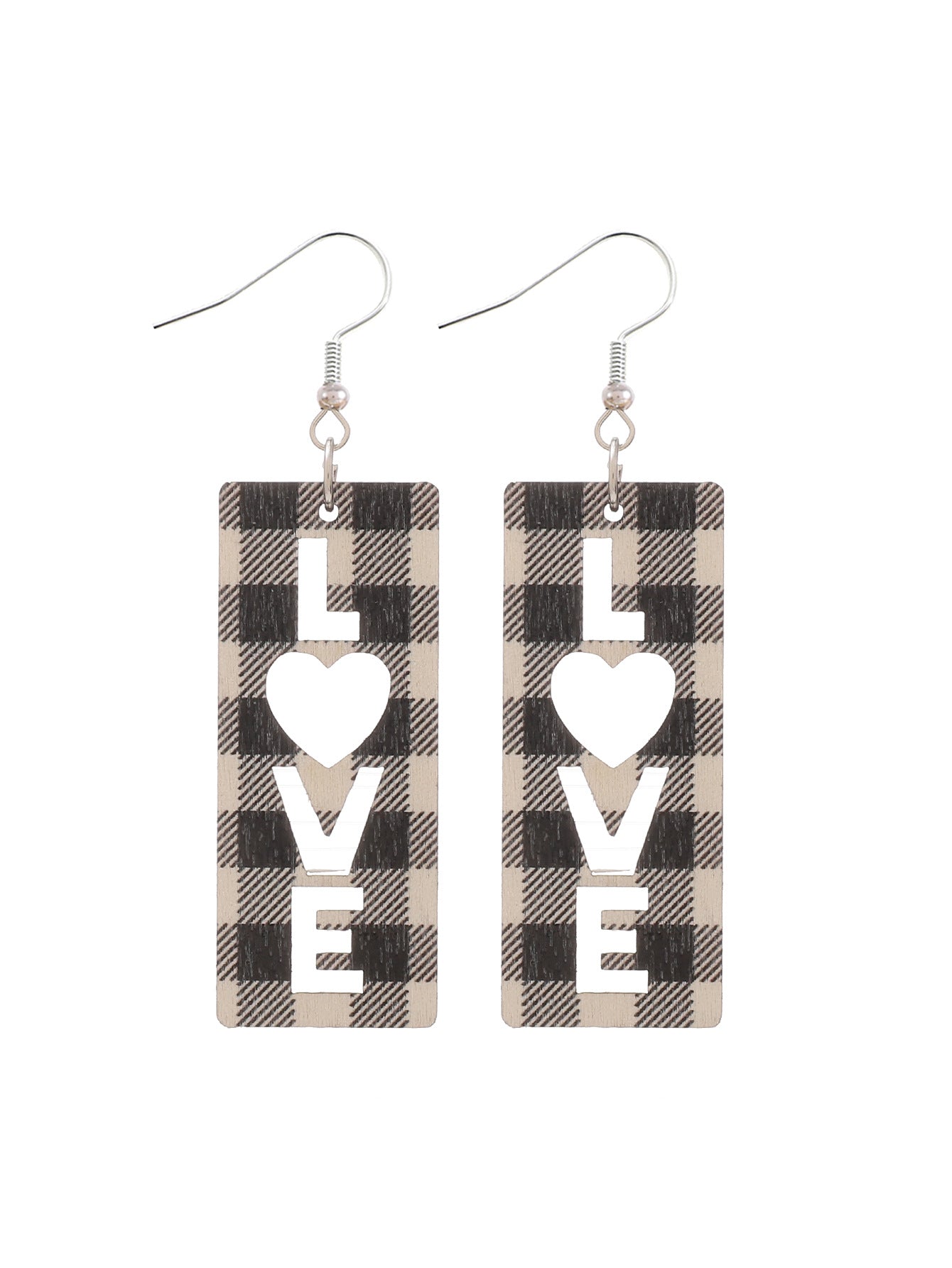Wholesale Plaid Striped English Letter LOVE Wooden Heart-shaped Earrings