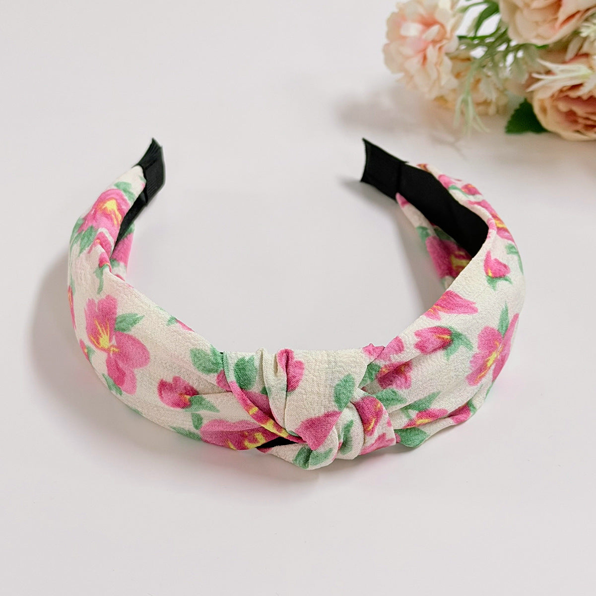 Wholesale Pink pearl checkerboard fabric printed wide edge knotted headband