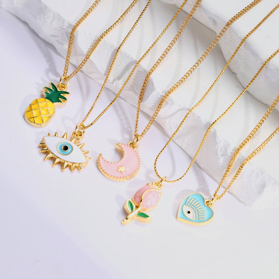 Wholesale 5pcs Evil Eye Oil Drop Heart Tulip Starry Sky Pineapple Pendant Necklace