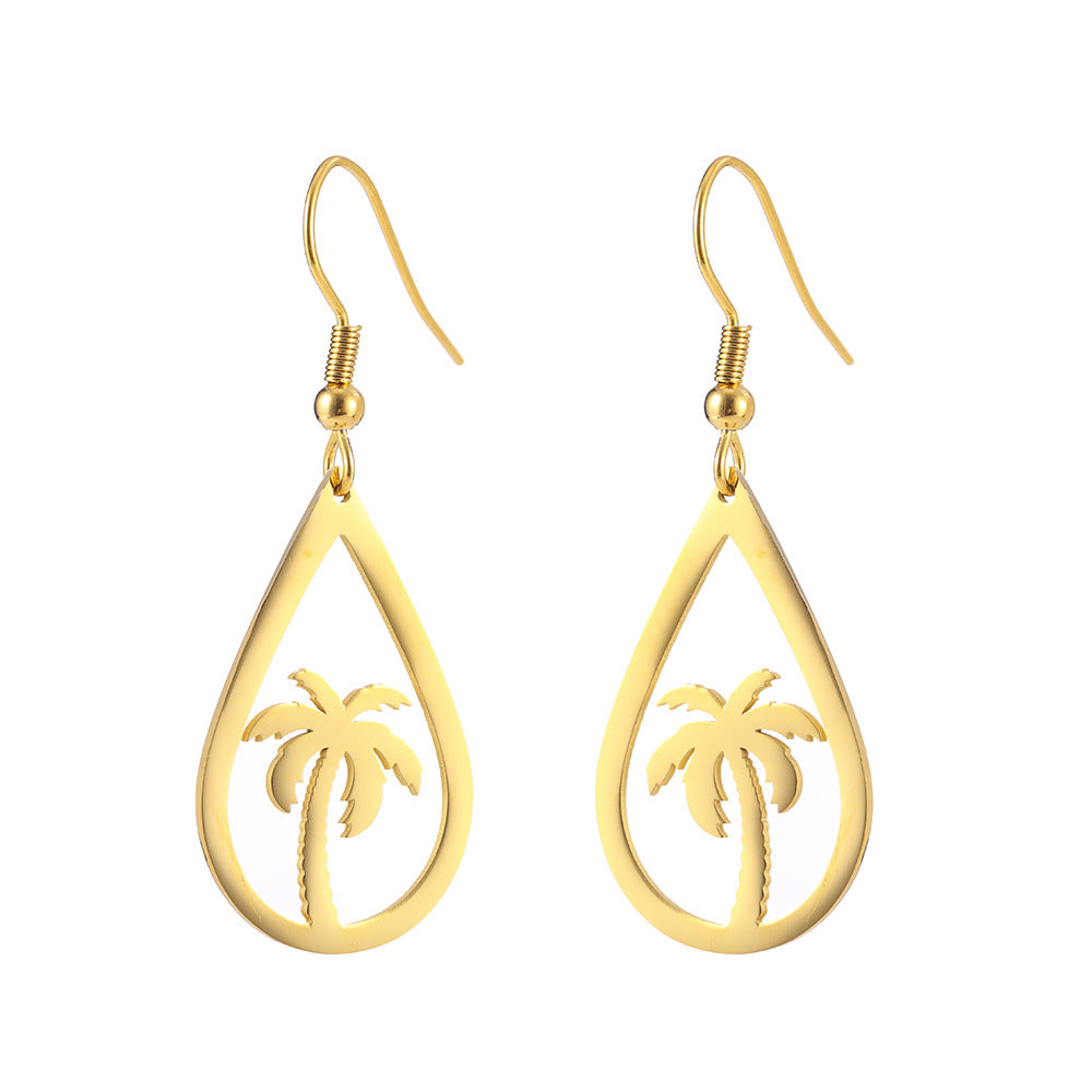 Wholesale Titanium steel hollow water drop coconut tree stainless steel earrings