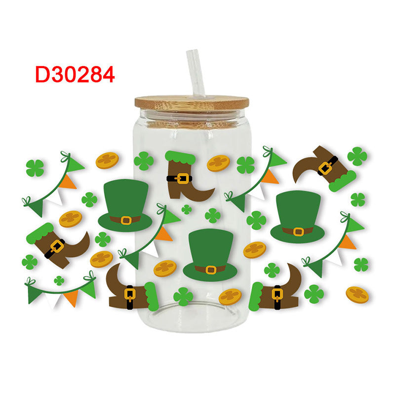 Wholesale Green Cartoon Four-Leaf Clover 16oz Cup UV DTF Wraps