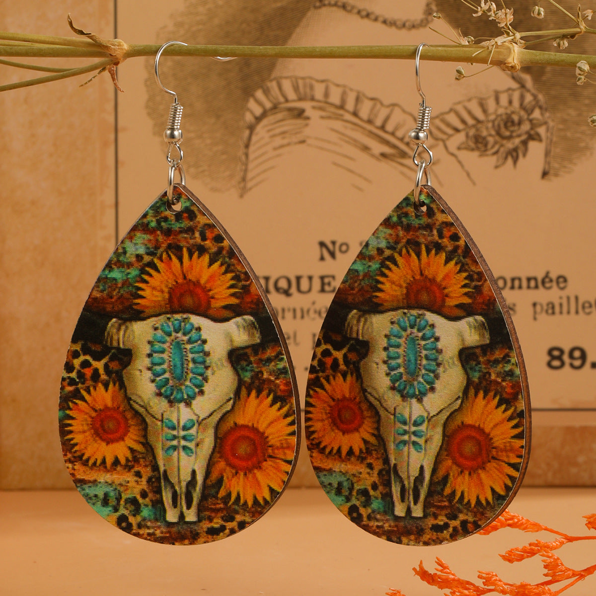 Gotas de agua de la cabeza de toro al por mayor Pendientes de madera