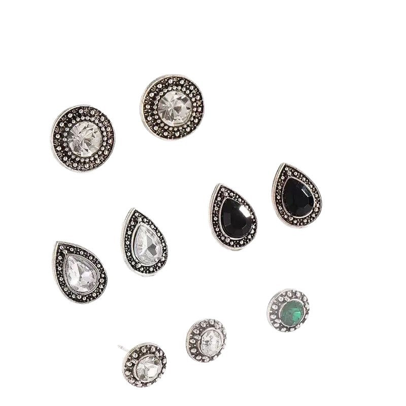 Wholesale 5 Pairs Ancient Silver Zinc Alloy Bohemian Drop Earrings With Zircon And Black Stone Vintage Style Fashion Accessory