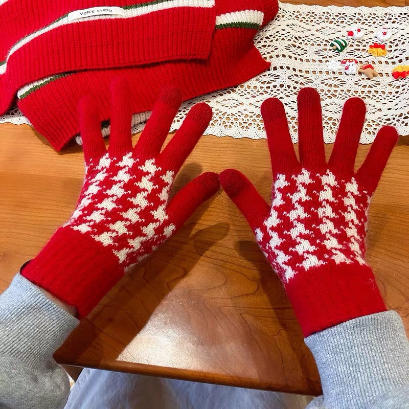 Wholesale All-match Red Knitted Five-finger Thick Warm Cycling Writing Touch Screen Wool Gloves