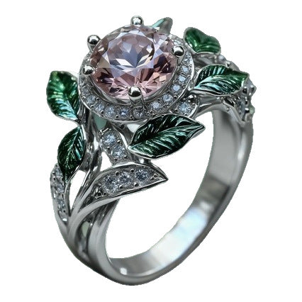 Wholesale  Bright Pink Zircon Green Leaf Oil Drop Flower Plant Alloy Ring