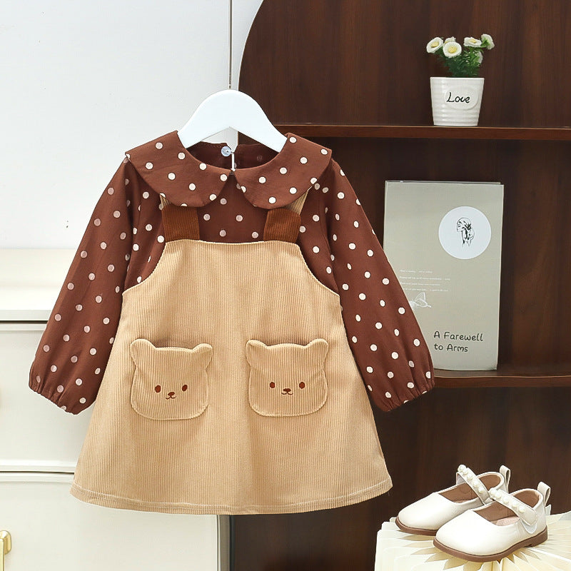 Wholesale Girls' Dress Autumn Western Wave Point Little Bear  Baby Clothes