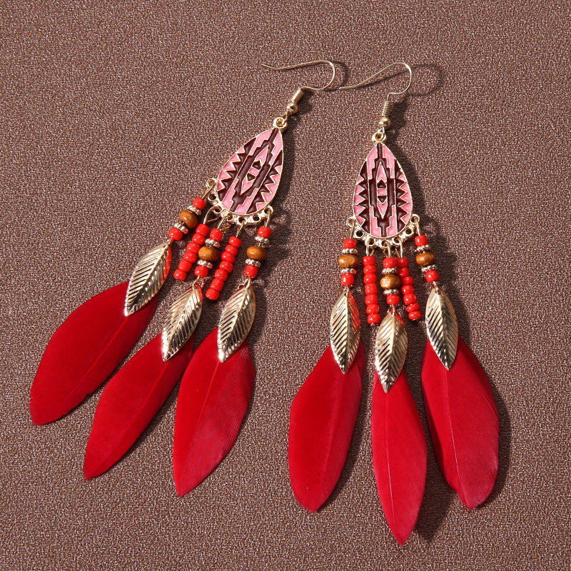 Wholesale Water drop tassel feather earrings long Bohemian rice beads ethnic style earrings