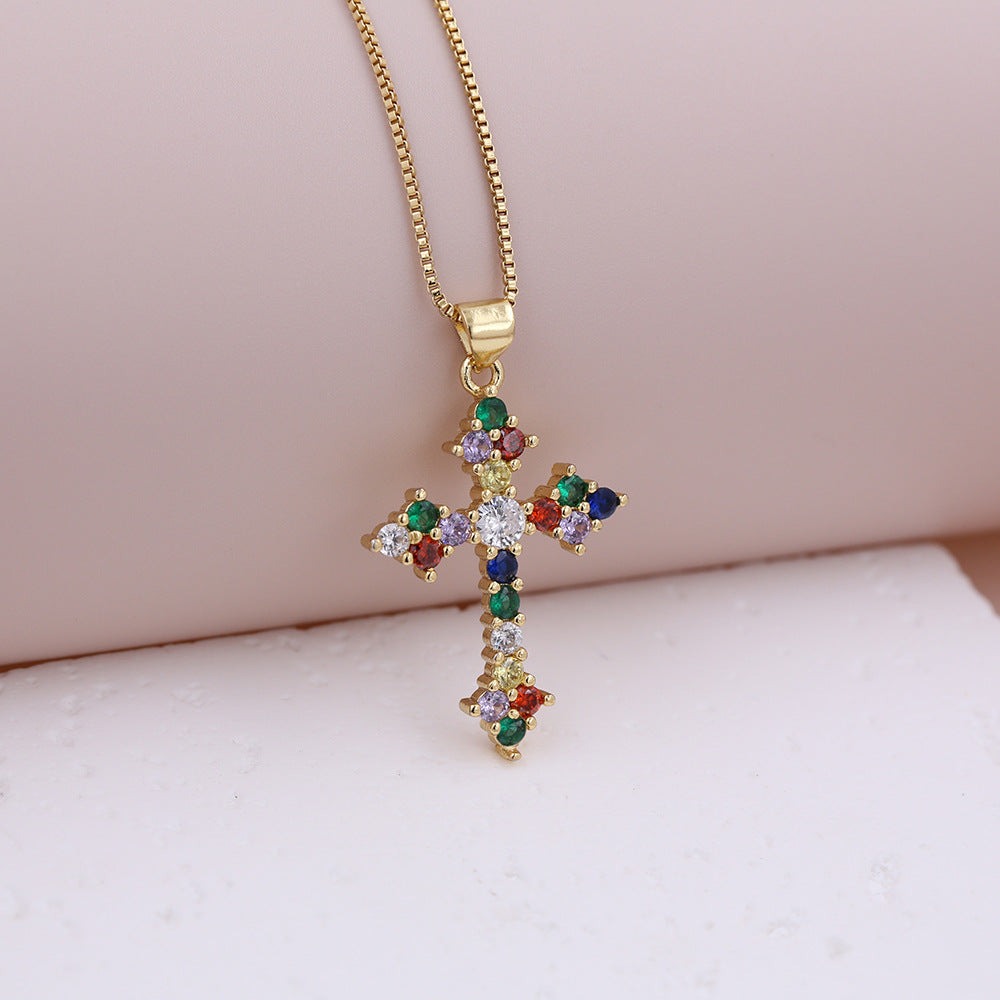 Wholesale Bohemian style colorful micro dense zircon cross pendant necklace