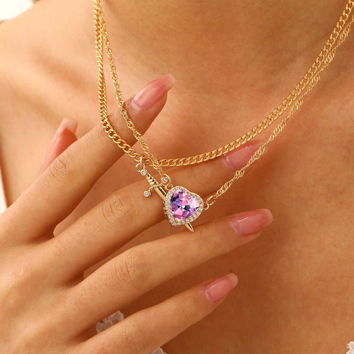 Wholesale  One-Arrow-Through-The-Heart Red Zircon Heart Dagger Pendant  Alloy Necklace