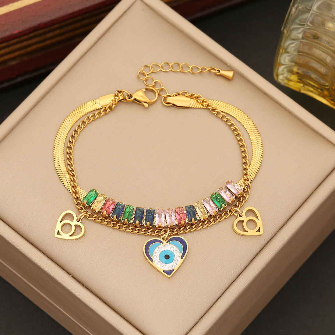 Wholesale Colorful Cubic Zirconia Necklace Stainless Steel Double Chain Heart Bracelet Set
