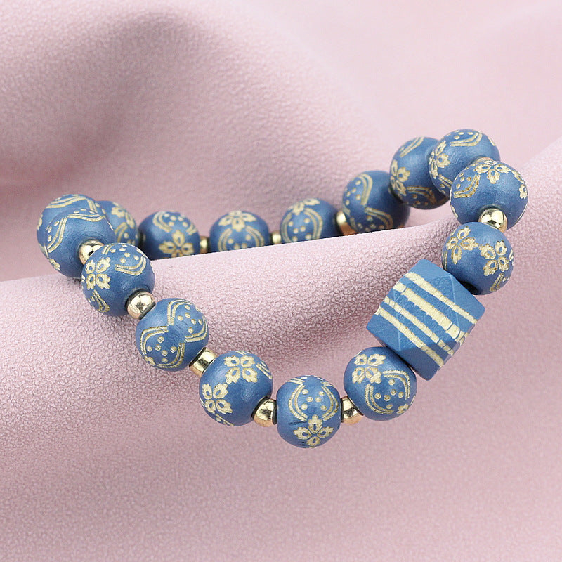 Wholesale Carved Wooden Bead Handmade Elastic Bracelet