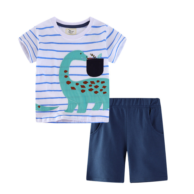 Wholesale Boys Summer Shorts Set With Dinosaur Embroidery European American Style Two Piece Outfit For Kids Ages 3 8 Fashion Resale