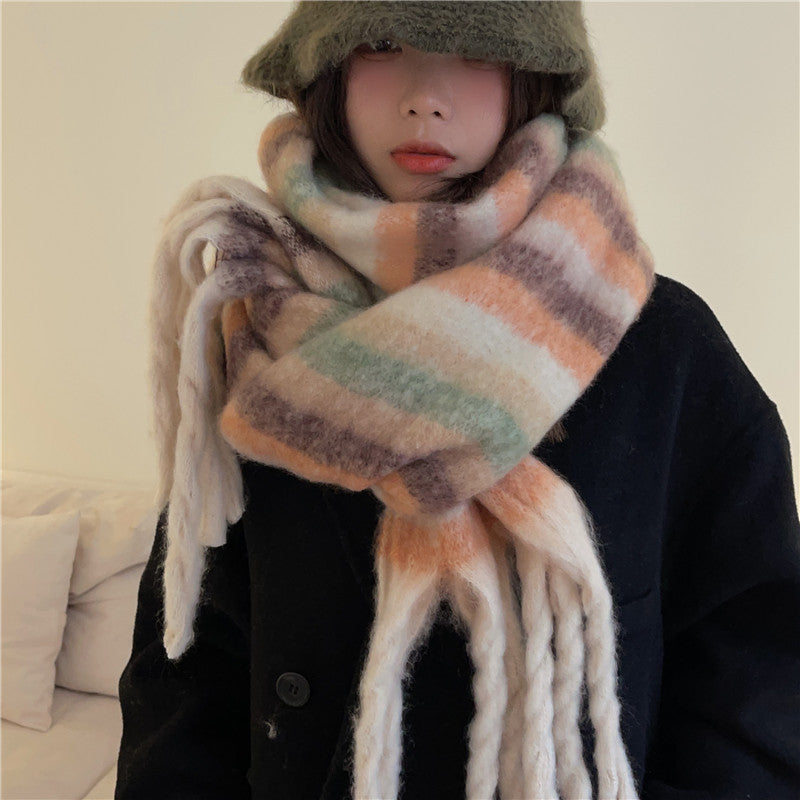 Wholesale Thick Color Striped Tassel Plush Scarf