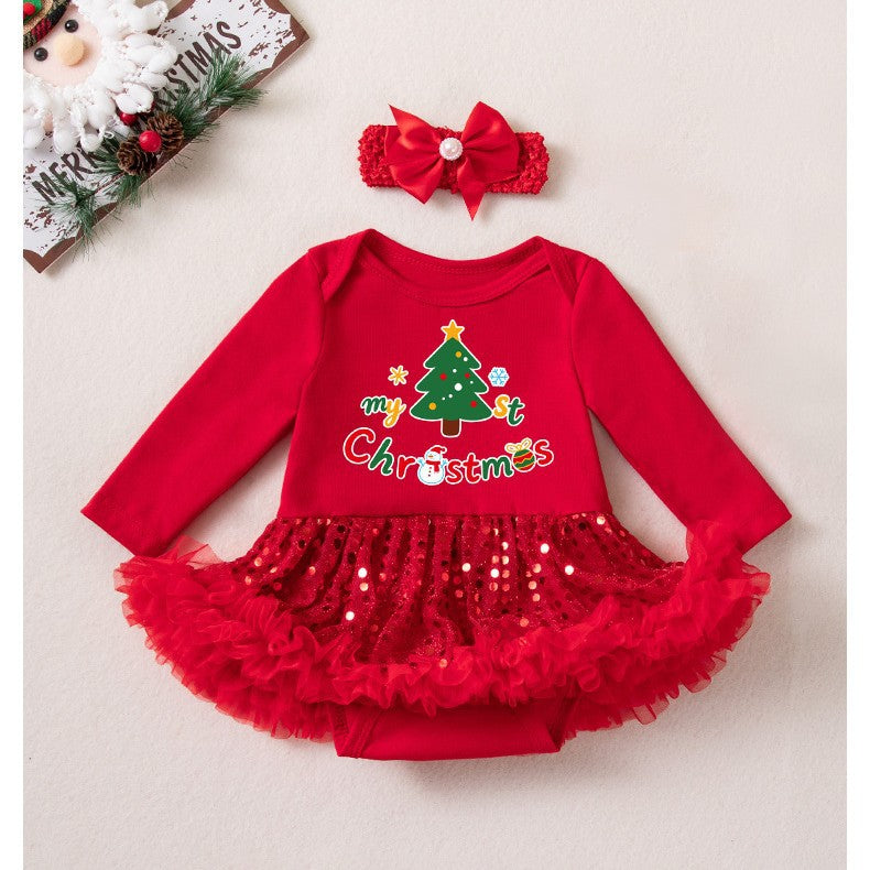 Wholesale Red Long Sleeve Sequin Tulle Baby Girl Christmas Dress Set With Hairband Leg Warmers Boutique Holiday Outfit