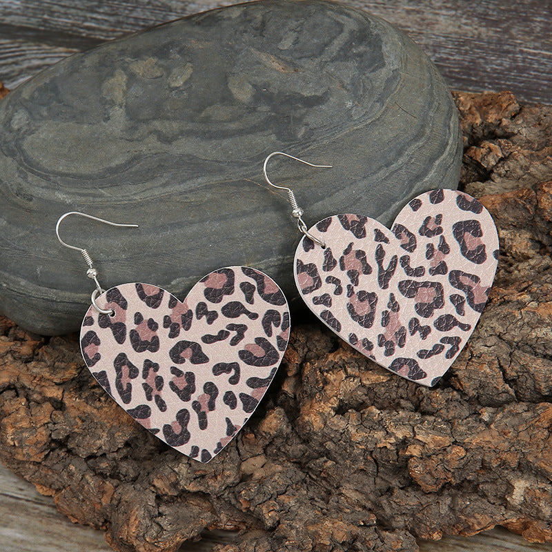 Wholesale Heart shaped double-sided leopard print Valentine' s Day earrings