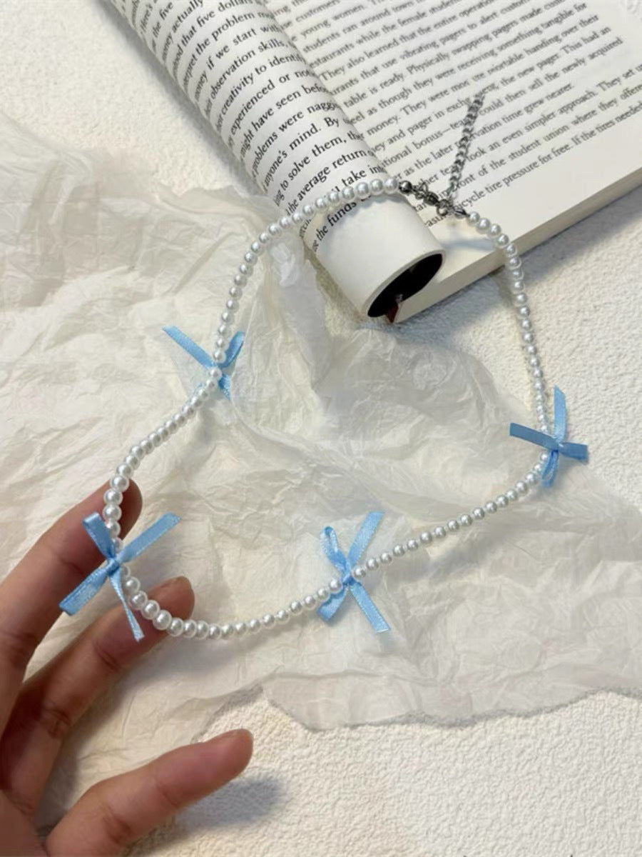 Wholesale Blue Lace Bow Pearl Jewelry Necklace